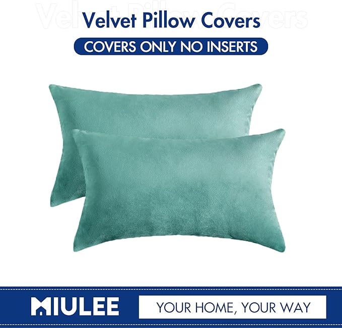 MIULEE Velvet Throw Pillow Covers 12x20 Inch, Pack of 2 - Aqua Green, Soft Solid Lumbar Decorative Pillow Covers Modern Luxury Home Decor for Spring Couch Sofa Bedroom Livingroom