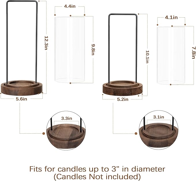 Houmury Set of 2 Brown Hurricane Candle Holders Lantern 12” & 10”with Wood Base Metal Handle Glass Cylinder Modern Farmhouse Decor for Home Decor, Table Centerpieces (Brown)