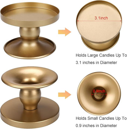 Table Gold Candle Holders – Set of 2 | Reversible Metal Candle Stand for Pillar & Taper Candles | Stylish Tabletop Candle Tray for Home Décor, Weddings & Special Occasions (Gold)