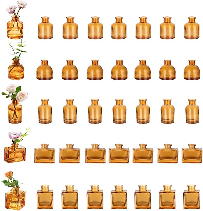 Glass Bud Vases in Bulk: Glasseam Brown Mini Flower Vases for Centerpieces Set of 40 Modern Decor Small Vase for Flowers Cute Decorative Wedding Table Centerpice for Dining Room Decoration