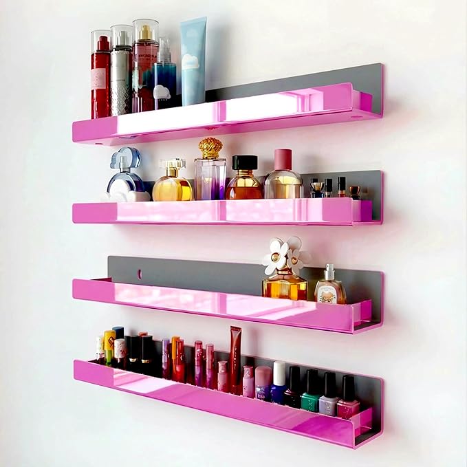 4 Pack 15 Inch Pink Reflective Acrylic Shelves, Pink Floating Shelves, Modern Sunglasses Essential Oil Picture Ledge Display Toy Storage Shelf