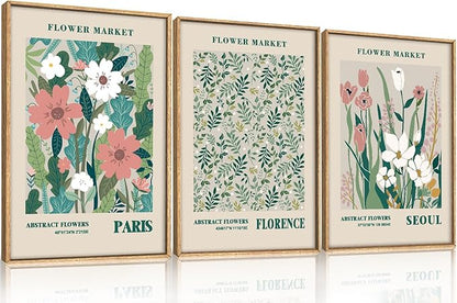 HLNIUC Flower Market Wall Art Prints, Boho Floral Wall Decor, Large Matisse Sage Green 16"x24" Framed Art Set of 3, Abstract Colorful Botanical Painting for Living Room, Bedroom, Office