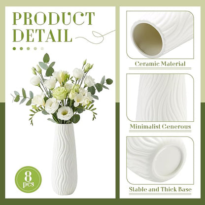 Qinyoung White Ceramic Bud Vase Set of 8, 8'' Small White Flower Vase for Centerpieces Floral Decor for Wedding Party Dining Table Home Decoration (Modern)