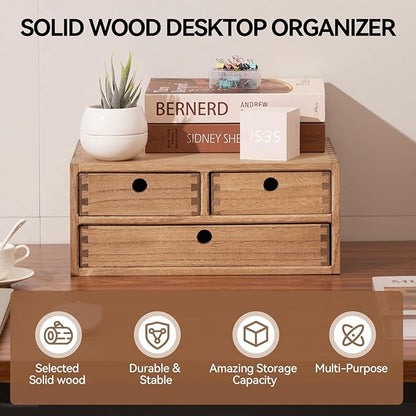 Kirigen Wooden Desktop Organizer - Office Supplies Filing Tidy Storage Shelf - Storage Cabinet/Jewelry Organizer with 3 Drawers(BR, 2-Layer &3 Drawers)