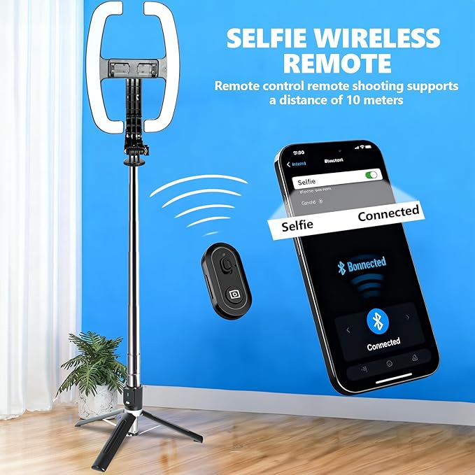 Foldable Selfie Light with Stand,54" Extendable Phone Holder Selfie Stick with Dimmable LED Lights and Remote,Ring Light Tripod for Video Recording/Live Stream/Makeup/Photography/YouTube/TikTok