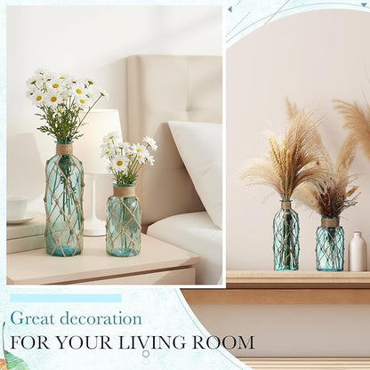 Chuangdi Set of 2 Coastal Glass Vases Christmas Vases for Flowers with Boho Rope Christmas Centerpieces for Tables Small Beach Bottle for Nautical Wedding Floral Arrangement Decorations(Light Blue)