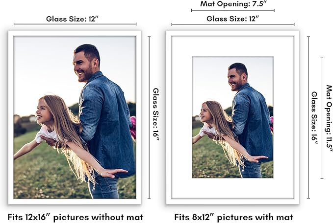 Americanflat 12x16 Picture Frame with Polished Plexiglass - Use as 8x12 Frame with Mat or Display 12x16 Photo Without Mat - Streamline Collection - Thin Border Picture Frames for Wall - White
