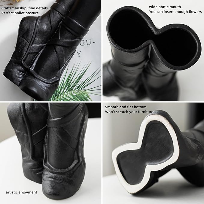 Fantasy Ballet Shoe Modern Ceramic Vase, Nordic Art Ins Style Decorative Aesthetic Foot Flower Vase for Home Living Room Table Bookshelf Decor (Matte Black W 6" X H 9")
