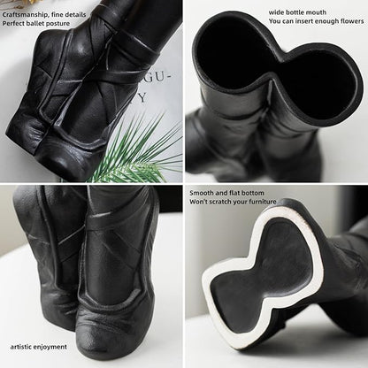 Fantasy Ballet Shoe Modern Ceramic Vase, Nordic Art Ins Style Decorative Aesthetic Foot Flower Vase for Home Living Room Table Bookshelf Decor (Matte Black W 6" X H 9")