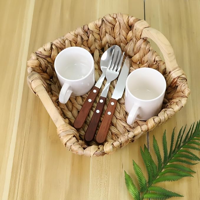 Square Water Hyacinth Basket with Wooden Handles, Small Woven Storage Organizer for shelf