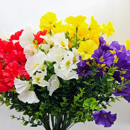 Artificial Silk Flowers for Outdoor Decoration,12 Bundles Faux Flowers Colorful Morning Glory with Eucalyptus Fake Plants Greenery UV Resistant for Outside Front Door Planter Porch Patio Yard