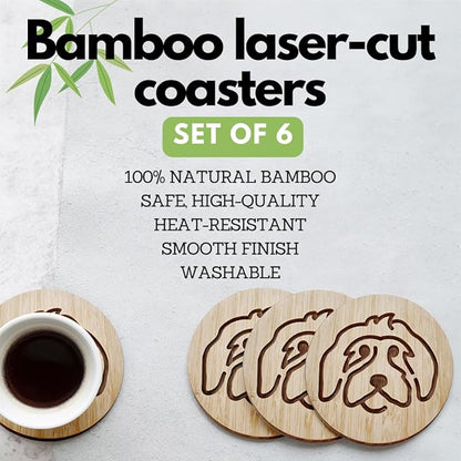 Set of 6 Bamboo Laser-Engraved Fun Dog Coasters with Iron Holder - Gift Packaging 3.9 Inch Non-Stick Absorbent Durable and Unbreakable Wooden Cup Coasters for Dog Lovers (Doodle)