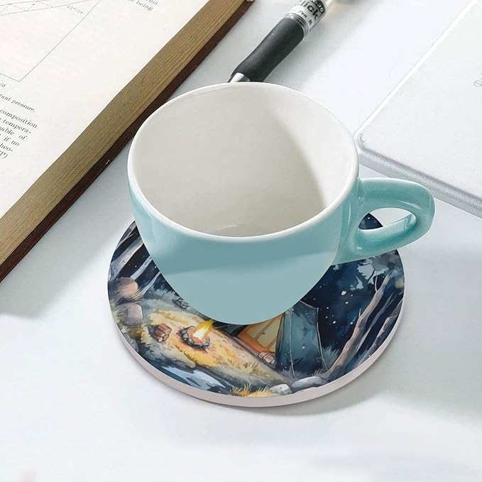 Round-6PCS Forest Ceramic Coasters, Round Absorbent Drink Coasters, Watercolor Mountain Forest Nature Tree Woodland Camping Ceramic Table Coasters for Coffee, Beverage, Wine, Beer Coasters