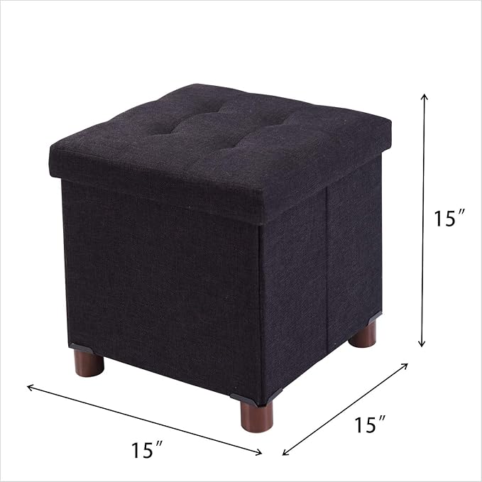 15 Inch Storage Ottoman with Wooden Legs - Cube Foot Rest Stool, Square Footstool, Comfortable Seat with Lid, Foldable Fabric Ottoman, Space-Saving Black