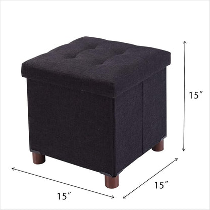 15 Inch Storage Ottoman with Wooden Legs - Cube Foot Rest Stool, Square Footstool, Comfortable Seat with Lid, Foldable Fabric Ottoman, Space-Saving Black