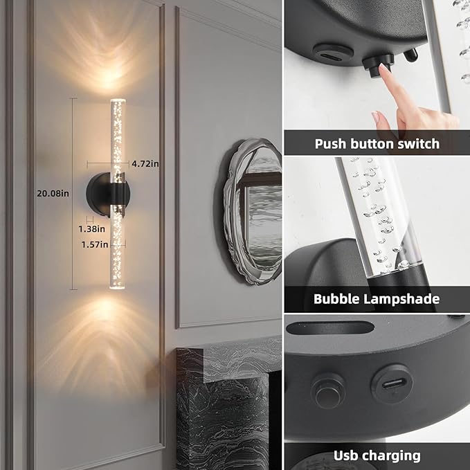 Battery Operated Wall Sconces Set of 2, Black 20'' Rechargeable Crystal Bubble Wall Sconce with Remote Control, 3000K-6000K Dimmable LED Wireless Wall Lights for Living Room Bedroom Bathroom Hallway