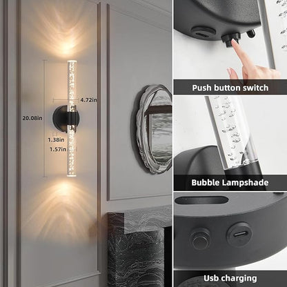 Battery Operated Wall Sconces Set of 2, Black 20'' Rechargeable Crystal Bubble Wall Sconce with Remote Control, 3000K-6000K Dimmable LED Wireless Wall Lights for Living Room Bedroom Bathroom Hallway