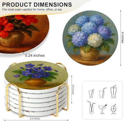 Ceramic Coasters Set of 6 with Holder, Floral Pot Style, Absorbent Drink Coaster Set for Home Decor, Cups, Mugs and Glasses (Terracotta Flower Pot)