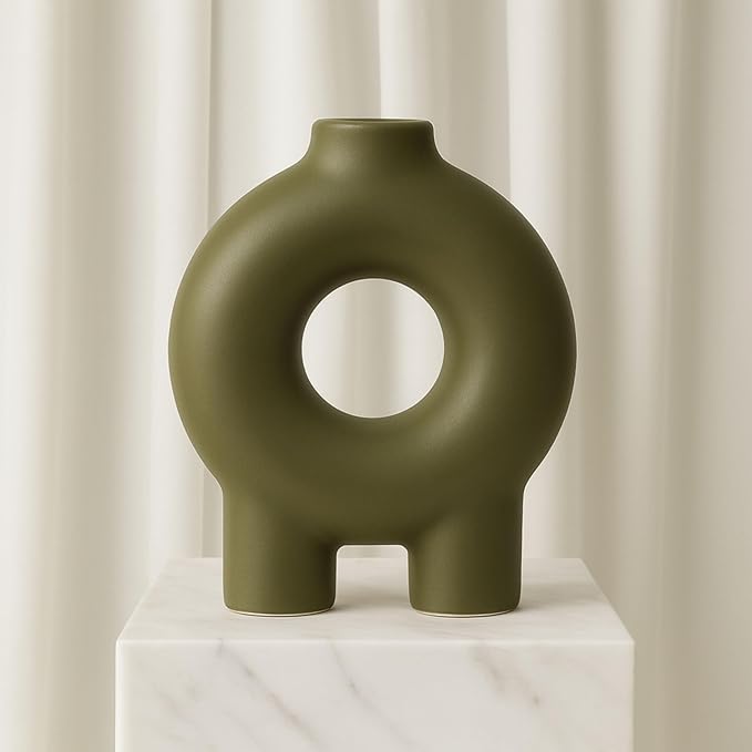 Modern Geometric Ceramic Vase – Stoneware Flower Holder with Unique Circular Design – Decorative Accent for Home Decor, Living Room, Bedroom, Office, Shelf & Table Display – 7", Olive Color