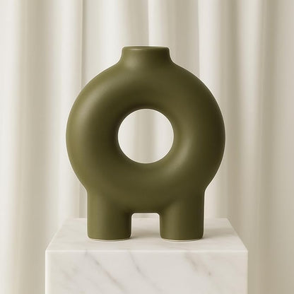 Modern Geometric Ceramic Vase – Stoneware Flower Holder with Unique Circular Design – Decorative Accent for Home Decor, Living Room, Bedroom, Office, Shelf & Table Display – 7", Olive Color