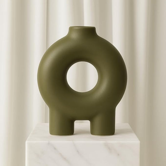 Modern Geometric Ceramic Vase – Stoneware Flower Holder with Unique Circular Design – Decorative Accent for Home Decor, Living Room, Bedroom, Office, Shelf & Table Display – 7", Olive Color