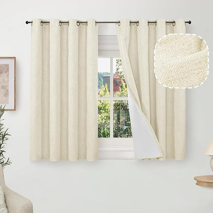 Lajode Short Linen Blackout Curtains 45 Inch Length 2 Panels, Thermal Insulated Total Light Blocking Window Curtains for Farmhouse Bedroom Basement, Bronze Grommet, Cream, Each 52" Wide
