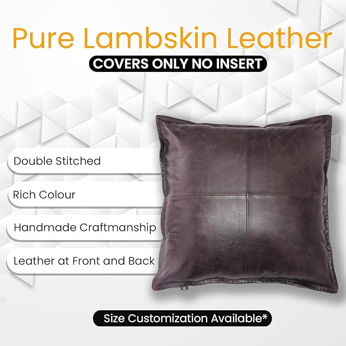 LL LEATHER LOVERS Lambskin Leather Pillow Cover - Sofa Cushion Case - Decorative Throw Covers for Living Room & Bedroom, 14x14 Inches - Dark Brown Box Pack of 2