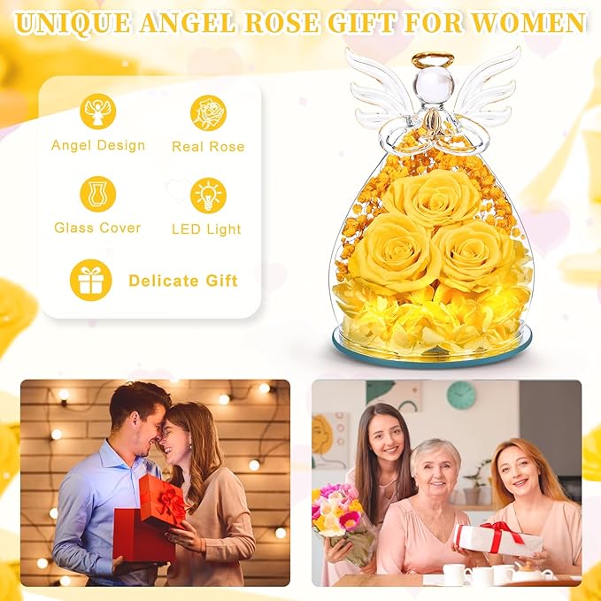 Beferr Valentines Day Rose Gifts for Her Women Mom Gifts for Birthday, Fresh Flowers for Delivery Prime Forever Preserved Rose in Glass Angel Figurine, for Grandma Wife Kids Daughter