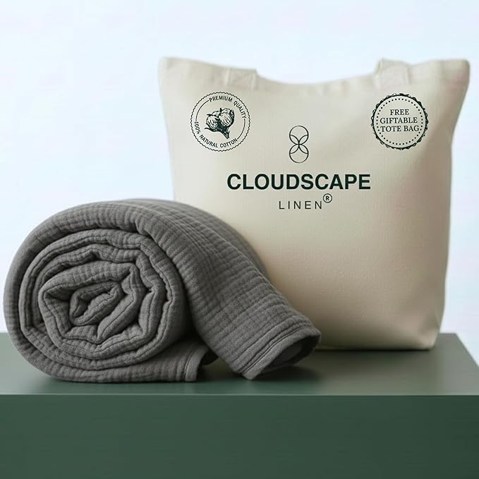 Luxury 100% Cotton Muslin Throw Blanket, 4 Layer Extra Large 50x70in, Perfect for Couch, Sofa, Home Decor, Soft Cotton Gauze Travel Blanket, Winter Cozy Throw, All Season Sharkskin