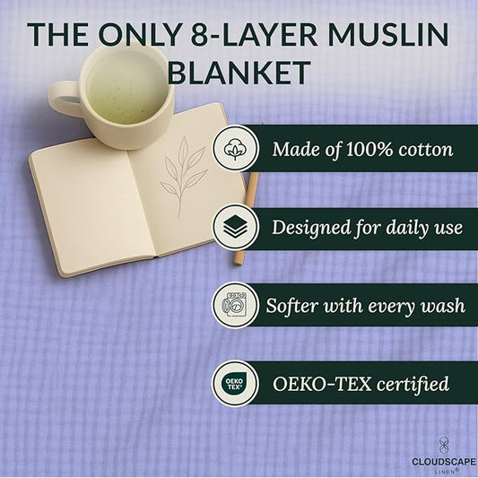 Cloud Scape Linen Extra Large 8 Layer Muslin Throw Blanket - 100% Cotton Gauze, Soft and Breathable, Winter Blanket for Couch, Sofa and Bed, Idea, 50x70, Lavender Blue