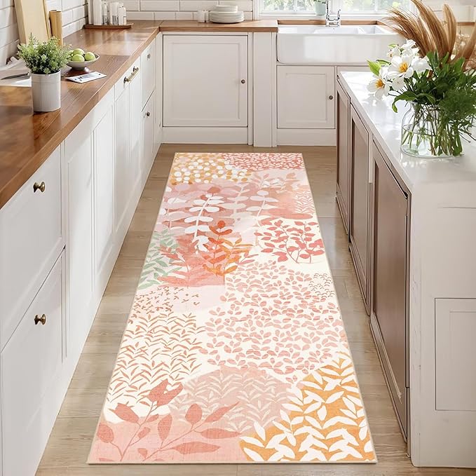 DEXDE Runner Rug 2x6, Washable Hallway Boho Soft Area Rugs Abstract Long Non Slip Botanical Leaves Floral Print Carpet for Entryway Kitchen Laundry Bedroom,Pink