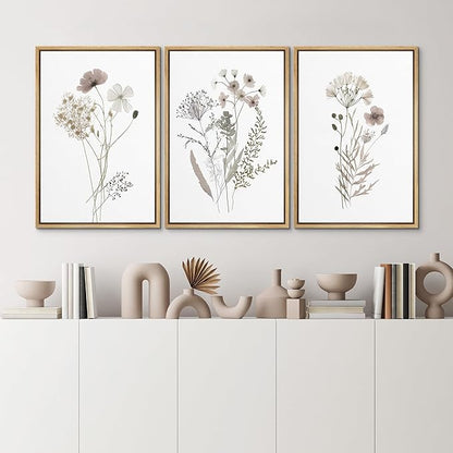 MUDECOR Framed Canvas Print Wall Art Watercolor Wildflower Art Print, Floral Botanical Prints, Minimalist Art, Modern Farmhouse for Bedroom - 24"x36"x3 Natural