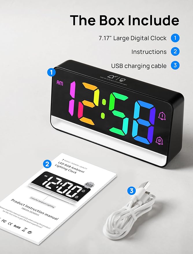 MASHI Loud Alarm Clock for Heavy Sleepers,Digital Clock with 12 Color NightLight,Adjustable Volume,Dynamic RGB Color, Snooze, DST Bedrooms Bedside,ok to Wake for Kids,Teens