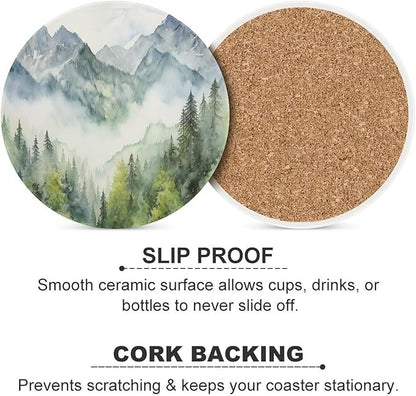 Round-6PCS Forest Ceramic Coasters, Round Absorbent Drink Coasters, Watercolor Style Nature Woodland Green Forest Mountain Plant Ceramic Table Coasters for Coffee, Beverage, Wine, Beer Coasters