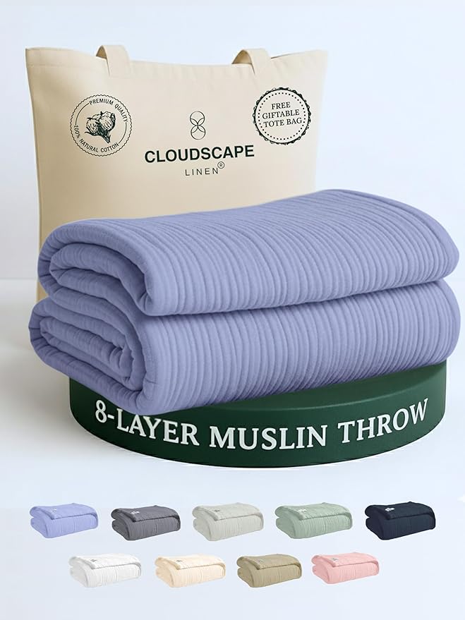 Cloud Scape Linen Extra Large 8 Layer Muslin Throw Blanket - 100% Cotton Gauze, Soft and Breathable, Winter Blanket for Couch, Sofa and Bed, Idea, 50x70, Lavender Blue
