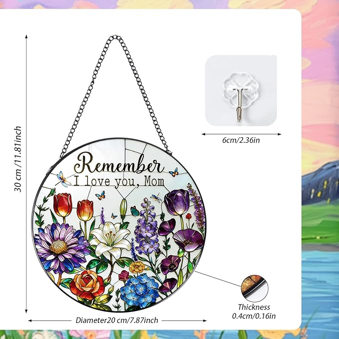 Rngmsi Stained Glass Window Hanging, 7.8″ Sun Catchers Gifts for Mom with Hook Indoor Window Decor, Suncatchers Hanging Ornaments Home Gardening Art Presents for Mom from Daughter Son