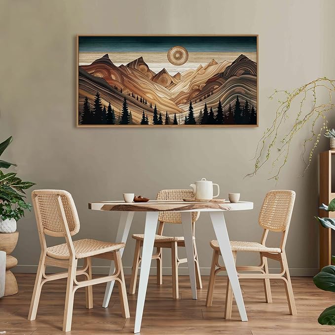 HLNIUC Large Mountain Wall Art, Tree Ring Wood Nature 40"x20" Framed Wall Decor, Rustic Desert Canvas Painting, Brown Abstract Landscape Art Print for Living Room, Bedroom, Office