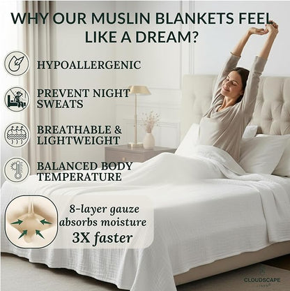 Cloud Scape Linen 8-Layer Muslin Blanket King Size for Adult - 100% Cotton, Heavy Weighted and Soft, All Season, Winter Cozy Blanket, Fits up to California King Bed, 92x108, White