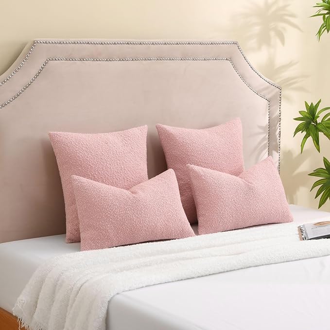 FUTEI Pack of 2 Pink Decorative Throw Pillow Covers 12x20 Inch Soft Cozy Solid Boucle Textured Lumbar Pillow Cases,Modern Home Decor for Couch Bed Living Room