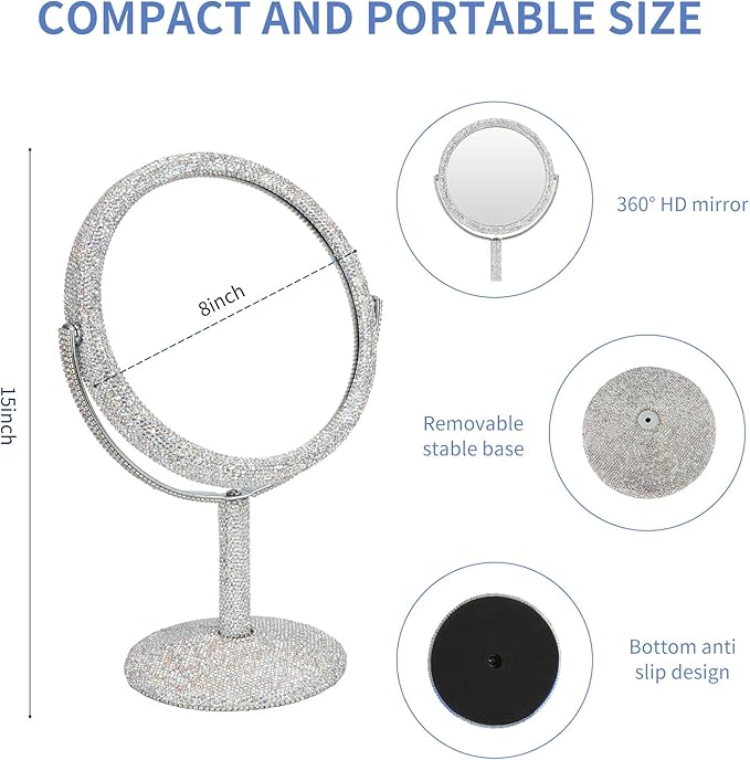 KEYPOWER Bling Rhinestone Makeup Vanity Mirror Round with Stand Double Side Cosmetic Glitter Movable Desk Bathroom Bedroom Tabletop(White)