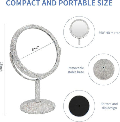 KEYPOWER Bling Rhinestone Makeup Vanity Mirror Round with Stand Double Side Cosmetic Glitter Movable Desk Bathroom Bedroom Tabletop(White)