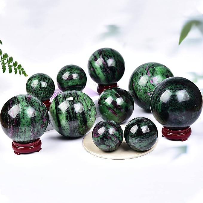 JIC Gem Small Red&Green Treasure Crystal Sphere Ball Natural Ruby Zoisite Healing Crystal Ball with Decoative Stand for Fengshui Meditation Decoation (50-60mm)