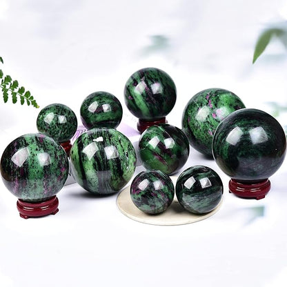 JIC Gem Natural Ruby Zoisite Quartz Crystal Sphere Balls with Wood Stand Red&Green Treasure Gemstone Decorative Orbs Reiki Energy Healing Crystal Ball (60-70mm)