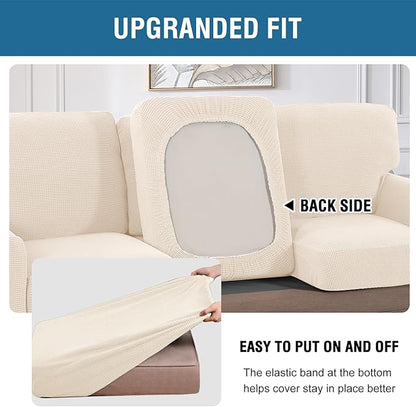 H.VERSAILTEX Multi-Pieces Chair Covers Stretch Couch Covers Form Fitted Seat and Back Cushions Covers (1 Seat Cover Plus 1 Back Cusion Cover, Bonus 2 Armrest Covers), Cream