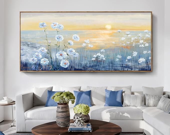 Nicetop Oversized Ocean Sunset Framed Wall Art for Living Room Extra Large Coastal Beach White Flowers Canvas Print Blue Sea Natural Scenery Picture Calm Warm Seaside Artwork for Home Office 86x39inch