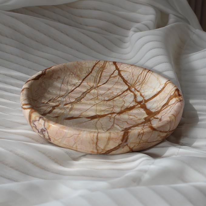 Natural Marble Travertine Ring Dish Jewelry Tray 5.5" for Women, Marble Trinket Dish for Key Earring Nightstand, Mother's Day Engagement Birthday Gift - Pink Marble