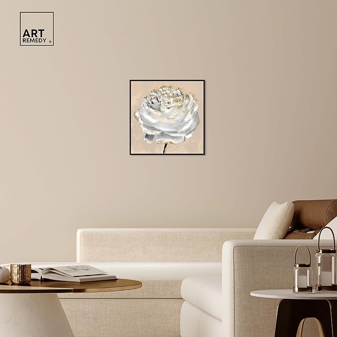 Art Remedy Beige Ranunculus Canvas Elegant White Gold Wall Art, Black Frame, 24" x 24"