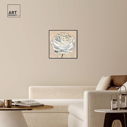 Art Remedy Beige Ranunculus Canvas Elegant White Gold Wall Art, Black Frame, 24" x 24"