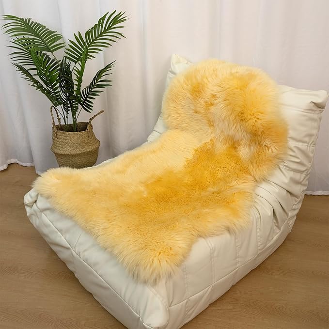 Genuine Sheepskin Rug New Zealand Luxury Lambskin Rug, Natural Fluffy Sheepskin Throw for Bedroom Living Room Children's Room - Premium Area Rug Chair Cover (Yellow, 2×3 Feet)