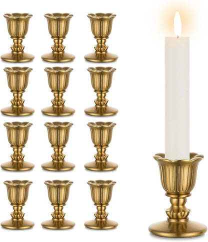 Vintage Taper Candle Candlestick Holders, Gold Candle Sticks Brass Victorian Style Candelabra for Christmas Table Centerpiece Wedding Reception Festive Advent Thanksgiving Party Decorations Set of 12